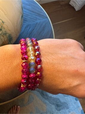 Erimish Hot Pink and Gold Faceted Stretch Bracelet Set